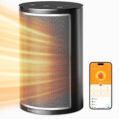 Smart electric heater designed for indoor use with low energy efficiency, featuring a 24-hour timer, thermostat, Wi-Fi app control, and voice remote control. The portable ceramic heater is safe for home, office, and desk use.