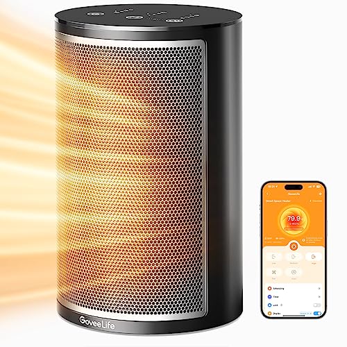 Smart electric heater designed for indoor use with low energy efficiency, featuring a 24-hour timer, thermostat, Wi-Fi app control, and voice remote control. The portable ceramic heater is safe for home, office, and desk use.