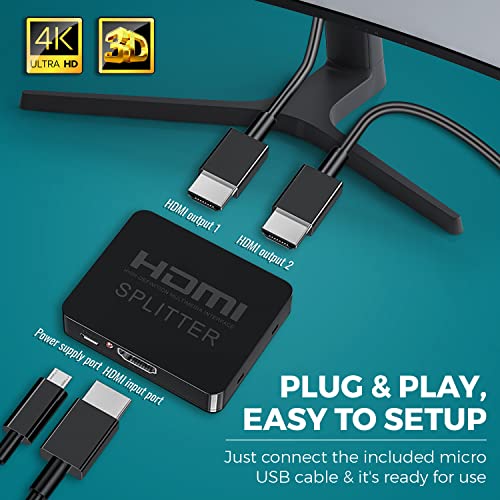 Global Tech - 4K HDMI Splitter 1 in 2 Out for Dual Monitors, Supports PS4, Xbox, Fire Stick