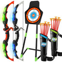 Shop the Own1one LED Bow and Arrow Set for kids, featuring 20 soft arrows, 2 quivers, and a target disc. Perfect outdoor toy gift for boys and girls aged 6+!