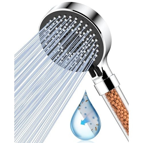 High pressure shower head with five modes and a filter, designed to soften hard water, featuring universal compatibility and extra replaceable accessories.