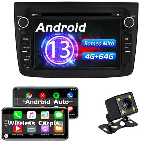 Car radio designed for Alfa Romeo MITO models from 2008 to 2019 featuring Android 13 Carplay, a 7-inch display, and an 8-core processor with 64GB of ROM and 4GB of RAM. Supports DVD playback, 4G connectivity, navigation GPS, WiFi, Bluetooth, FM radio, USB input, and DAB functionality in a sleek black finish.