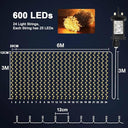 Yowin - 600 LED Curtain Lights, 6m x 3m, Mains Powered, 8 Modes, Waterproof