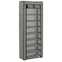 Grey fabric shoe cabinet with cover, 8-tier design, zip closure, and wall attachment device