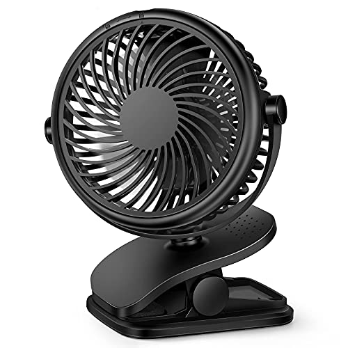 Portable black mini fan with USB and rechargeable battery, featuring a clip design and three speed levels, suitable for use in a bedroom, office, or on a pushchair.