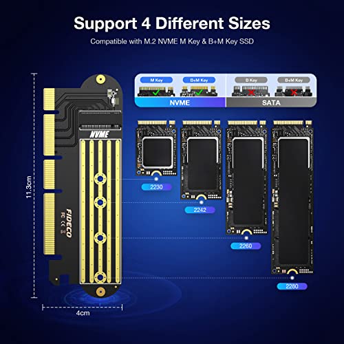 FIDECO - PCI-E X16 to M.2 NVME Adapter Card for 2230/2242/2260/2280 SSDs