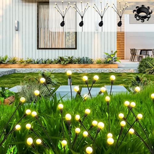Four pack of solar firefly garden lights featuring a separator, equipped with eight LED lights that sway gently in the breeze. The warm white illumination offers two lighting modes, designed for outdoor use in patios, yards, and during Christmas celebrations. These waterproof solar lights enhance outdoor spaces.
