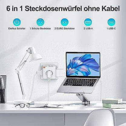 Cube - Cordless 3 Way Power Strip with USB C, 6 in 1 Adapter for Home & Travel