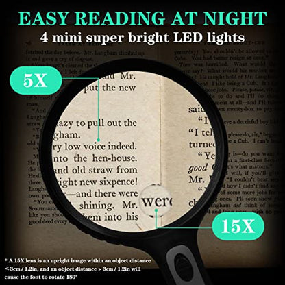 Caffney - Illuminated 5X/15X Magnifying Glass with Light and Storage Bag