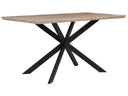 Spectra dining table with light wood veneer top and black star-shaped legs