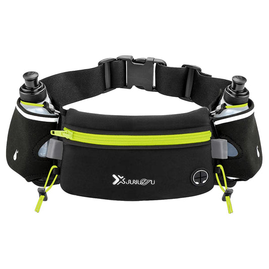 Running belt with two BPA-free water bottles, durable storage for smartphones and essentials, adjustable anti-slip waistband, made from high-quality neoprene material, suitable for various outdoor activities.