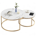 Set of 2 round coffee tables with white marble top and gold metal frame