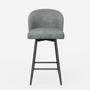 Set of 2 modern counter height bar stools with 360° swivel, high back, and metal legs, upholstered in light grey PU leather