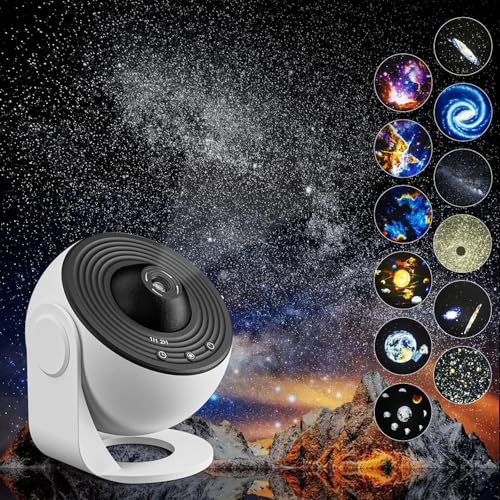 YunLone 13-in-1 Galaxy Star Projector with Timer, Milky Way Nebula Moon Planets Films - White Round Acrylic LED Light Source Projector with Interchangeable Discs showcasing planets, stars, and nebulae. Transform your room into a mesmerizing galaxy experience.
