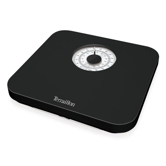 Black mechanical personal scales by Terraillon with a large display, capable of measuring up to 150 kilograms, featuring a comfortable plastic base and optimal readability from the maxi dial.