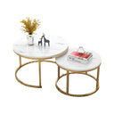 Modern round nesting coffee table set with a sleek metal frame and stone top