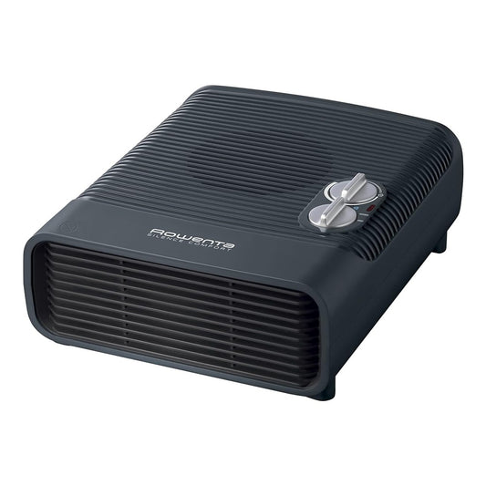 Rowenta Silence Comfort Portable Heater in dark gray, featuring a flat and compact design with frost protection, low noise operation at 52 dB, and two power levels; suitable for indoor use with a heat output of 2400 watts.
