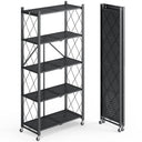 Fenbeli 5 Tier Metal Storage Shelf with wheels, black color, sturdy and foldable design