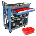 Three-tier rolling tool cart with removable bins and tool hooks