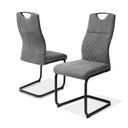 Set of two modern high back dining chairs with grey beaver fabric seats and chrome legs