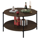 WLIVE Round Coffee Table with 2-tier open shelf in Brown Walnut finish, featuring a metal frame and engineered wood tabletop