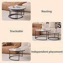 JZGORC 2-Piece Round Coffee Table Set with Grey Marble Top and Black Metal Frame