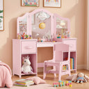 Clevich Kids Vanity Table and Chair Set in pink with a removable mirror and storage compartments
