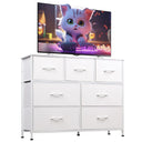 WLIVE 7 Drawer Dresser TV Stand with white top and drawers, featuring a sturdy steel frame and spacious storage
