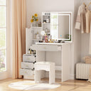 FAMAPY Vanity Desk with sliding lighted mirror, 4 drawers, open and hidden shelves, and cushioned stool in white and grey