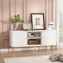 Mid Century Modern White TV Stand with fluted panel doors and gold handles