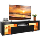 WLIVE modern TV cabinet with LED lighting, open shelves, and drawers for media devices and decor