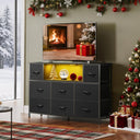 WLIVE Black Dresser TV Stand with LED Lights and Charging Station