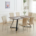 Set of 6 beige faux leather dining chairs with chrome legs and hatched diamond high back