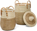 Set of 2 hand-woven seagrass laundry hampers with lids and rattan handles