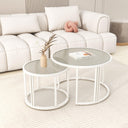 Set of 2 round coffee tables with water wave glass top and cream white finish