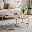 Elegant light oak round coffee table set with white metal frame from buybyroom, suitable for living room, bedroom, and balcon