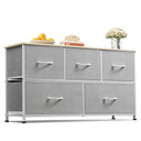 Light grey WLIVE dresser with 5 drawers, featuring a wooden top and fabric bins