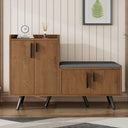 Kelodan modern shoe cabinet with wood grain finish, four storage doors, and asymmetric metal handles