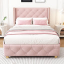 REXO Pink Velvet Upholstered Bed with Quilted Headboard