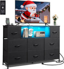 WLIVE Black Dresser TV Stand with LED Lights and Charging Station