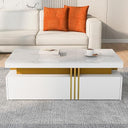 BTM Modern Rectangular Coffee Table with Two Wooden Drawers, Glossy Imitation Marble Tabletop, White