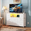 WLIVE White Dresser TV Stand with LED Lights and Charging Station