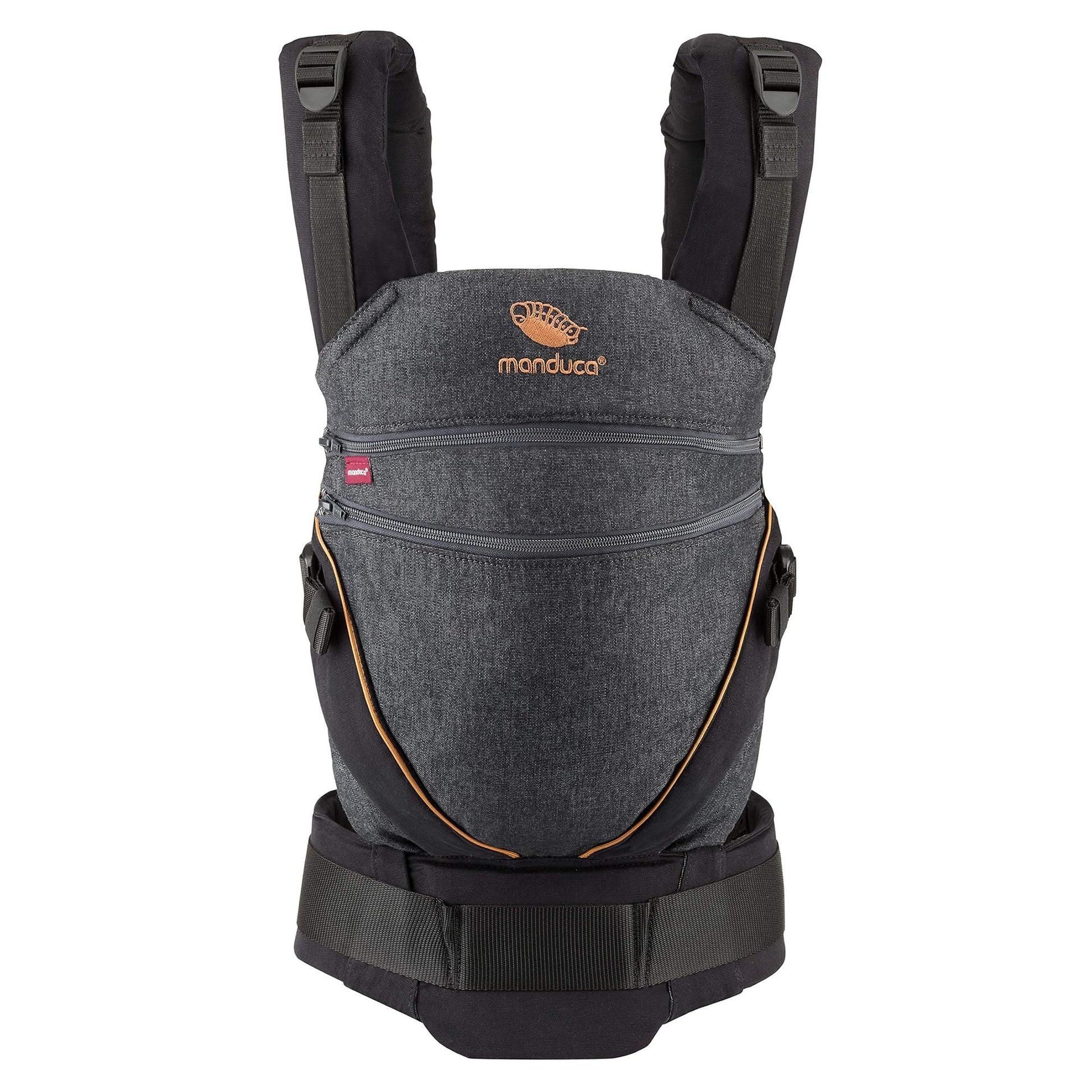 A black and toffee coloured manduca XT baby carrier made of 100% organic cotton, featuring adjustable seat width, a three-point safety buckle, and the ability to carry in front, back, or hip positions.