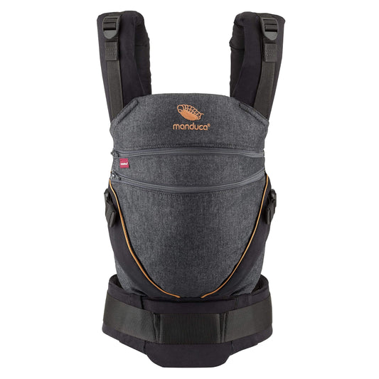 A black and toffee coloured manduca XT baby carrier made of 100% organic cotton, featuring adjustable seat width, a three-point safety buckle, and the ability to carry in front, back, or hip positions.