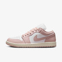 Women's pink and white JRDN low-top basketball sneakers with perforated toe box and rubber sole