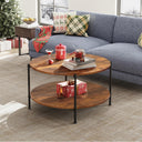 WLIVE Vintage Industrial Round Coffee Table with 2-tier storage shelf in Rustic Brown