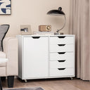 Wooden mobile storage cabinet with 5 drawers, a door, and wheels for easy mobility