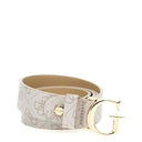 Shop the stylish Guess Women's Monogram Belt in white and beige featuring a chic gold G buckle. Perfect for elevating any outfit. Keywords: Guess belt, women's fashion, monogram design