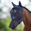 Shop Harrison Howard's Piano Black XL Fly Mask featuring full face, nose, and ear fleece padding. Ultimate UV protection and midge-proof design for your horse. Keywords: fly mask, UV protection, horse gear