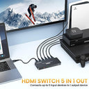 Koofit - 4K HDMI Switch Automatic, 5 Port Selector with Remote Control, Supports HDR